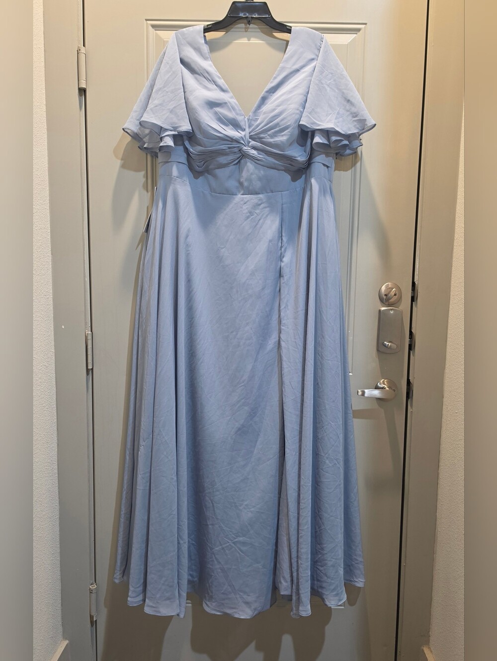 Women's Light Blue V-Neck Flutter Sleeve Dress